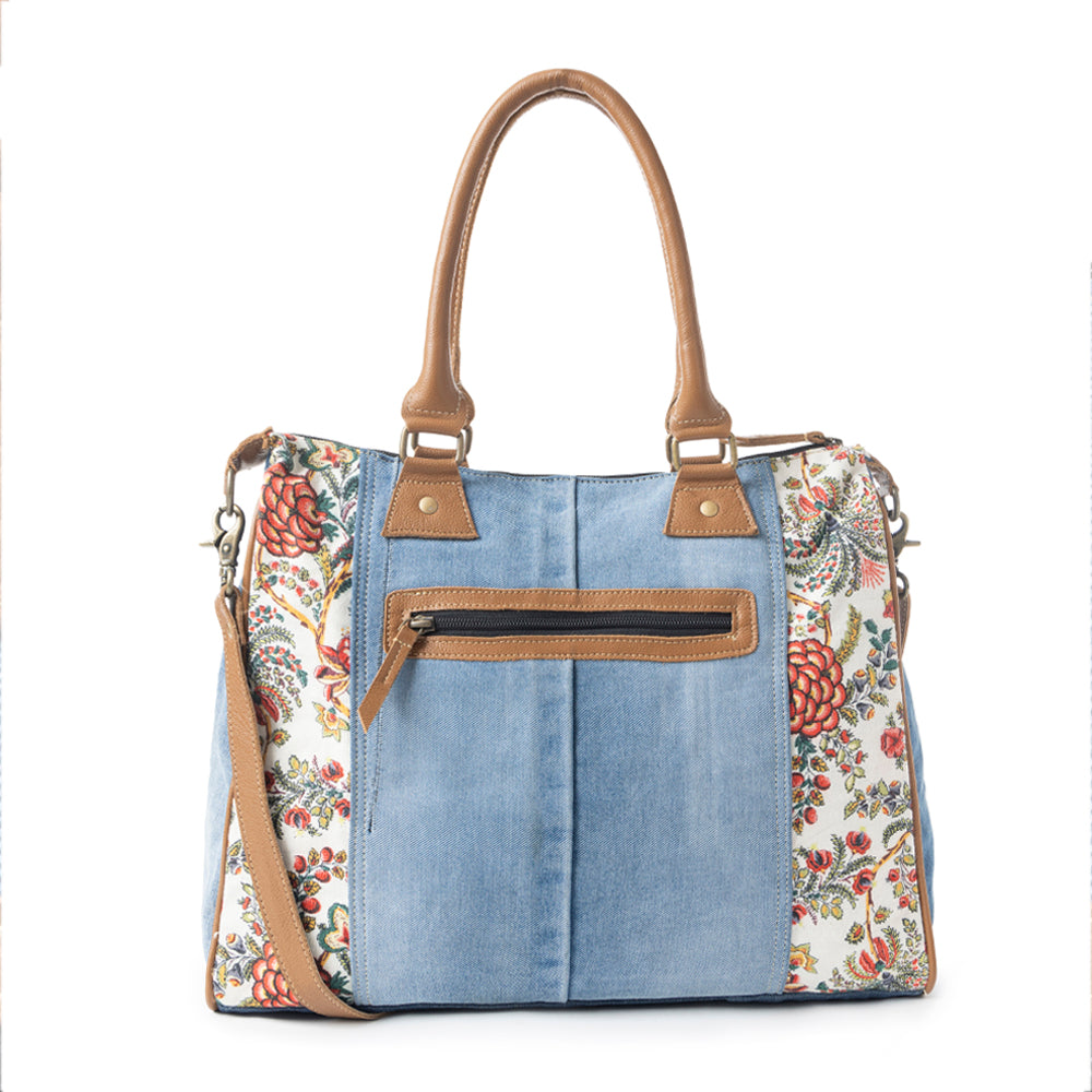 Myra Crimson Glade Floral Canvas Tote Bag - Dual Handle Leather Strap Upcycled Denim Bag for Fun Outings