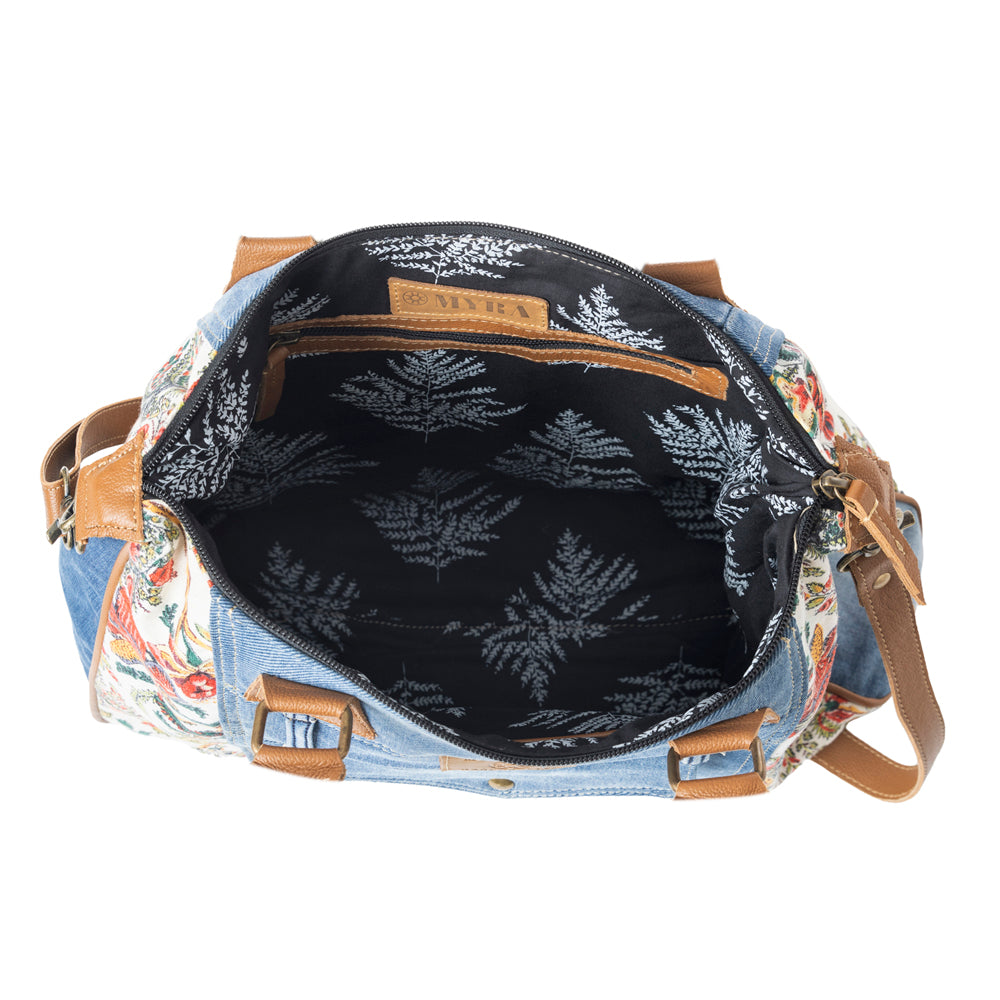 Myra Crimson Glade Floral Canvas Tote Bag - Dual Handle Leather Strap Upcycled Denim Bag for Fun Outings