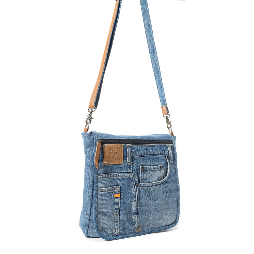 Myra Ashley Adventure Crossbody Bag â€“ Upcycled Denim with Leather Accents