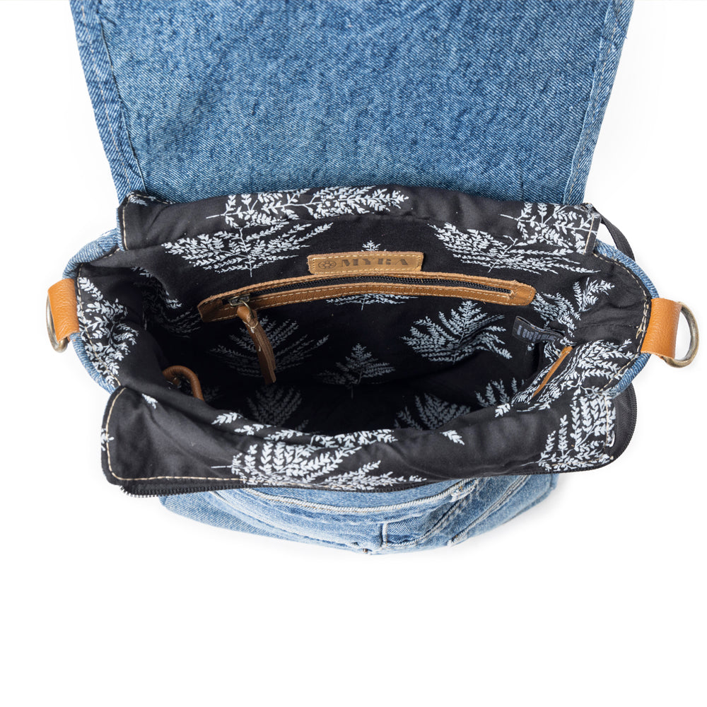 Myra Ashley Adventure Crossbody Bag â€“ Upcycled Denim with Leather Accents