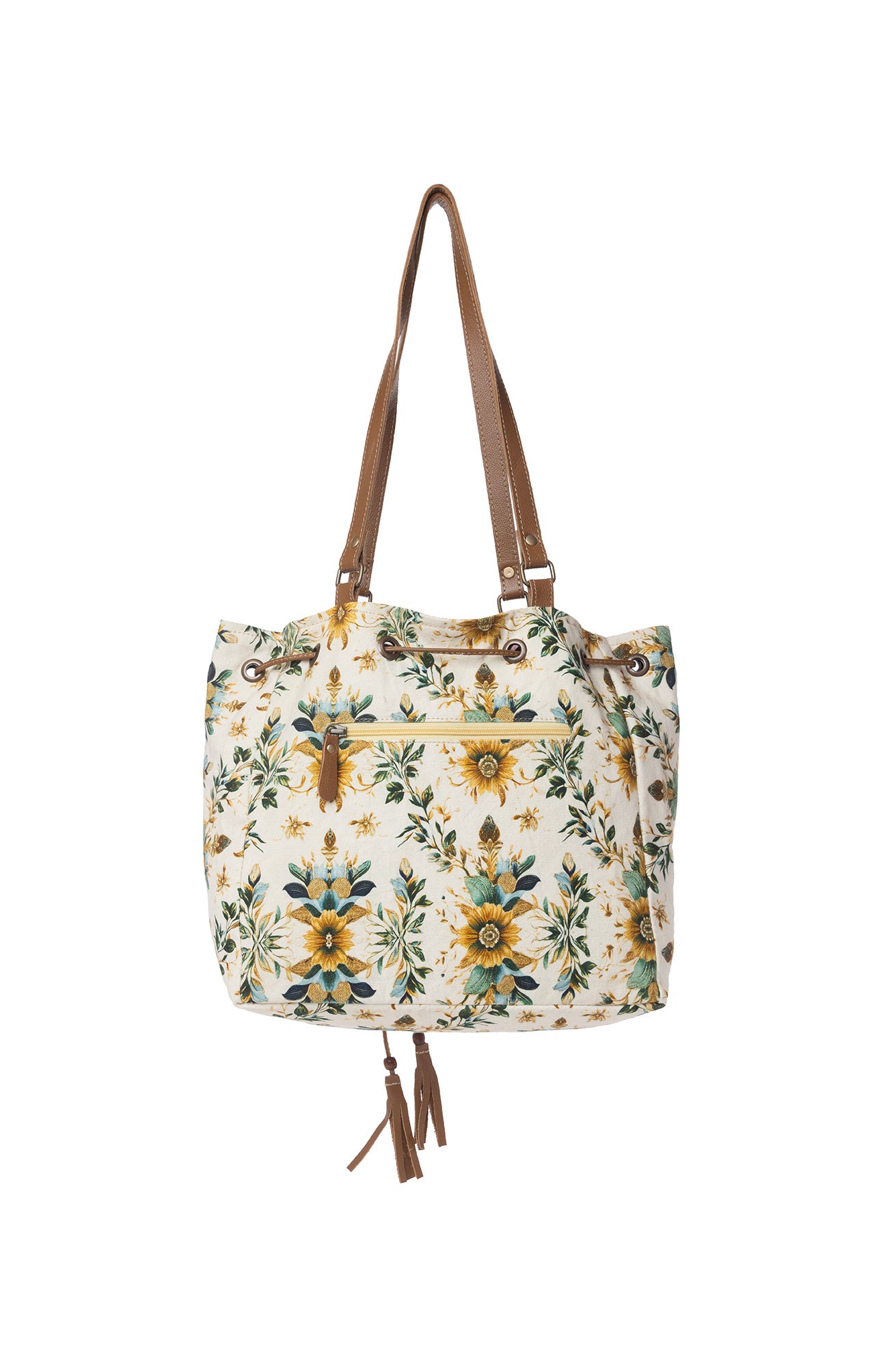 Myra Southern Bloom Cotton & Leather Bucket Bag in Chestnut Beige