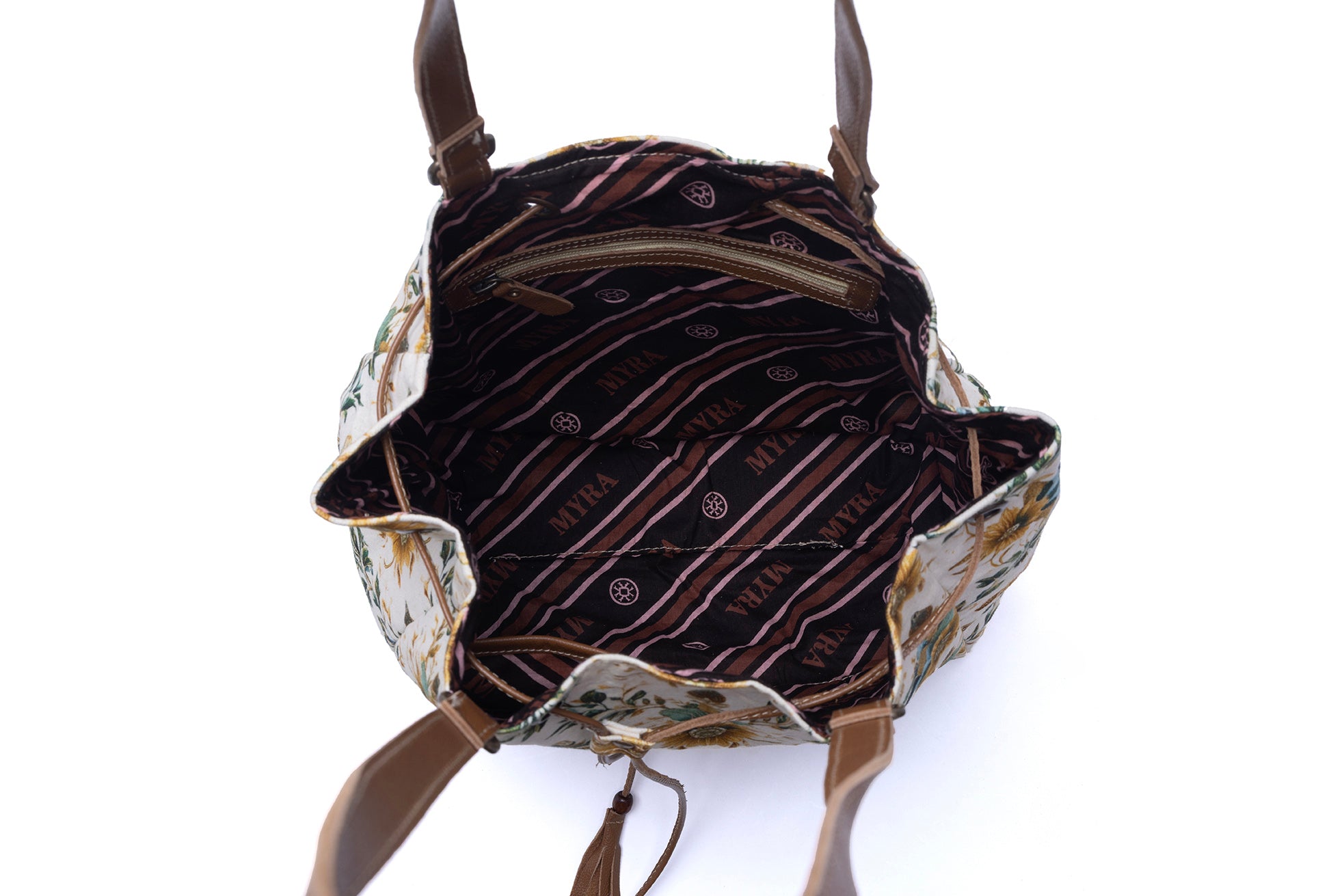 Myra Southern Bloom Cotton & Leather Bucket Bag in Chestnut Beige
