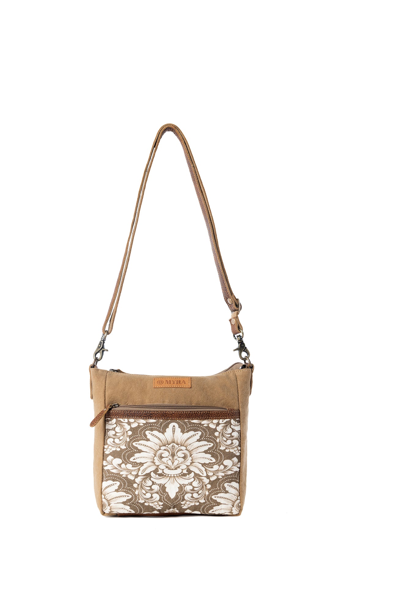 Myra Crestbloom Vintage Crossbody Bag for Women in olive with print detail