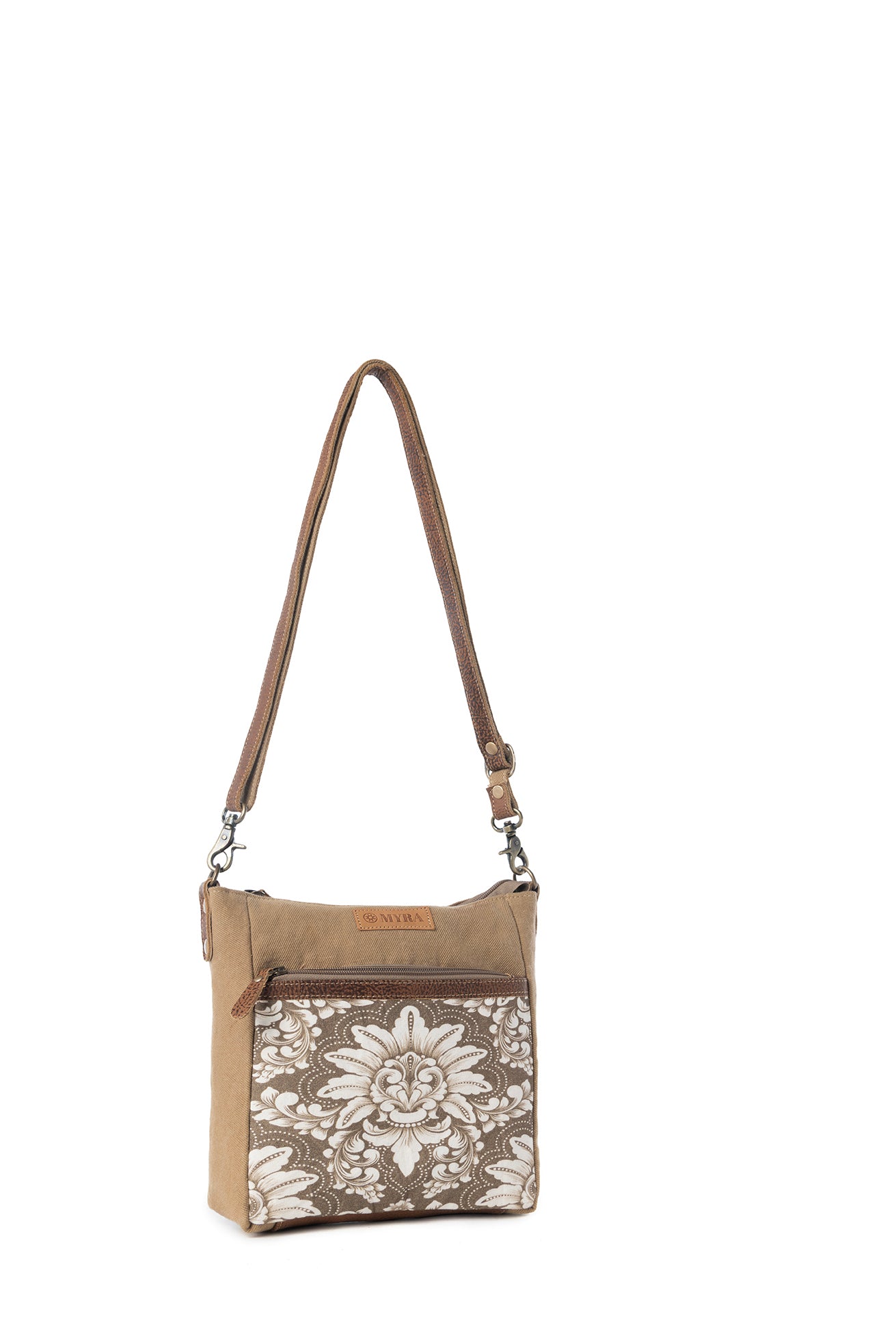 Myra Crestbloom Vintage Crossbody Bag for Women in olive with print detail