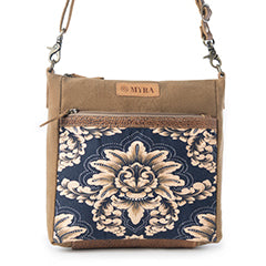 Myra Crestbloom Vintage Crossbody Bag for Women in navy with print detail