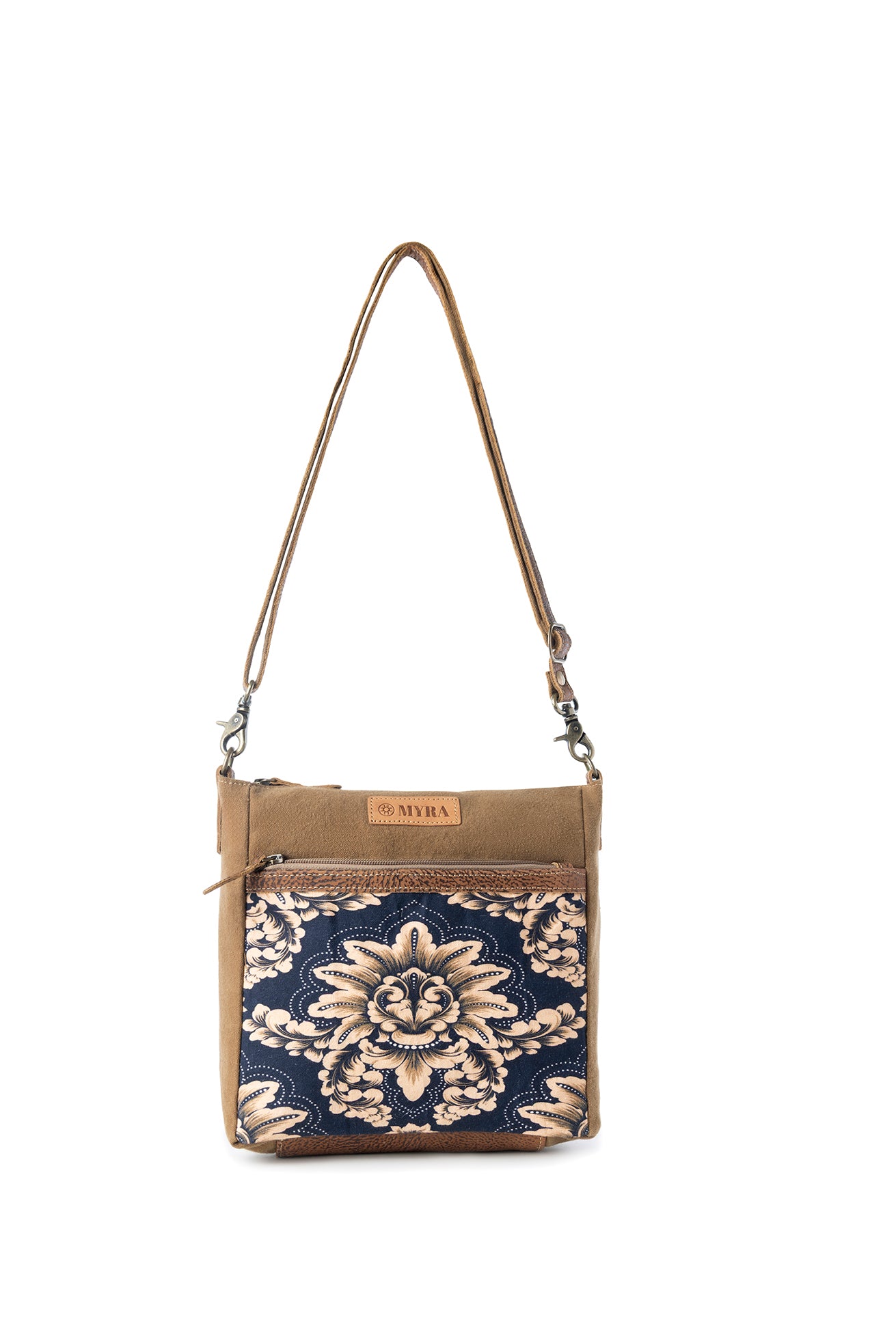 Myra Crestbloom Vintage Crossbody Bag for Women in navy with print detail
