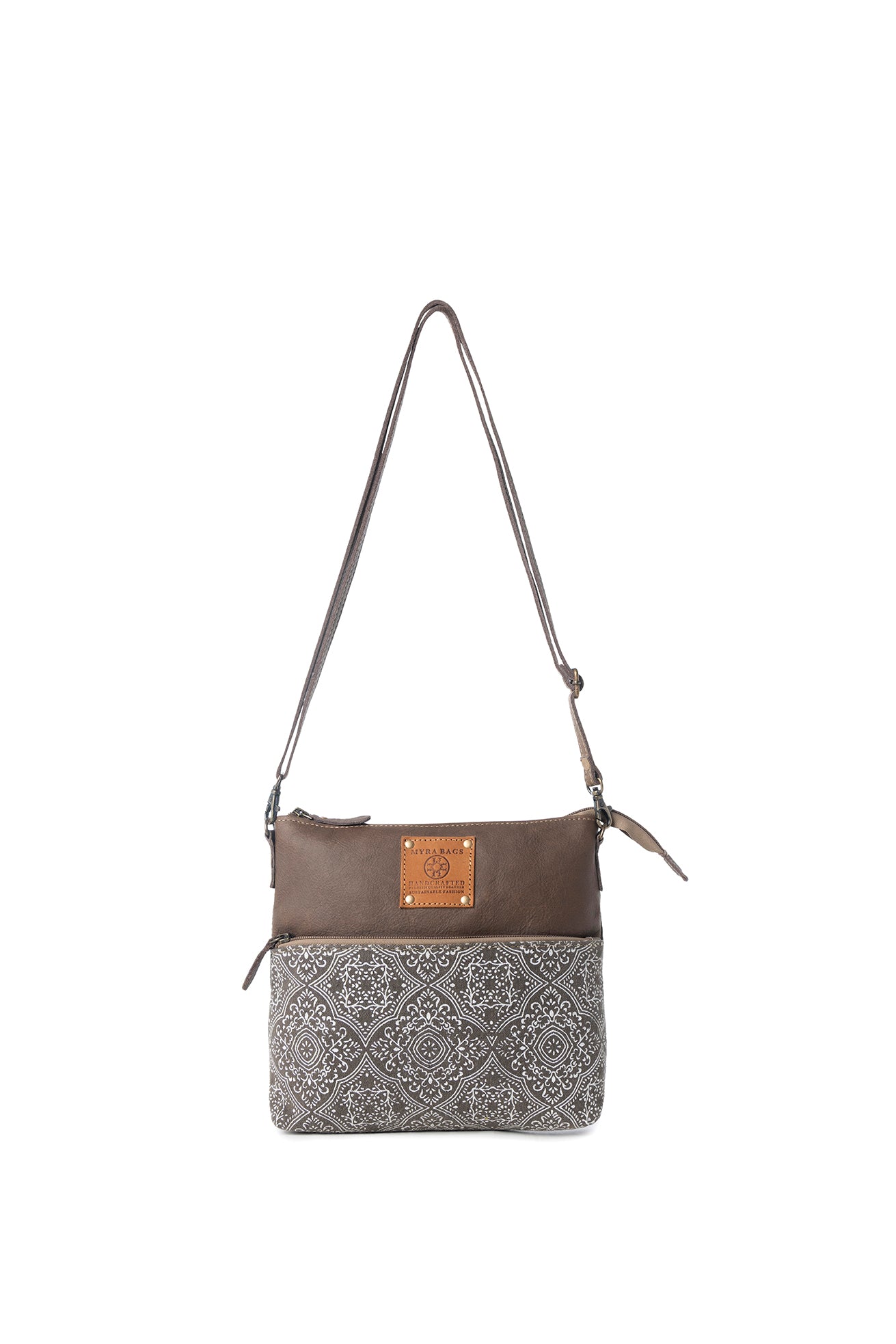 Myra Wildprint Trail Vintage Crossbody Bag for Women in olive with tile detail