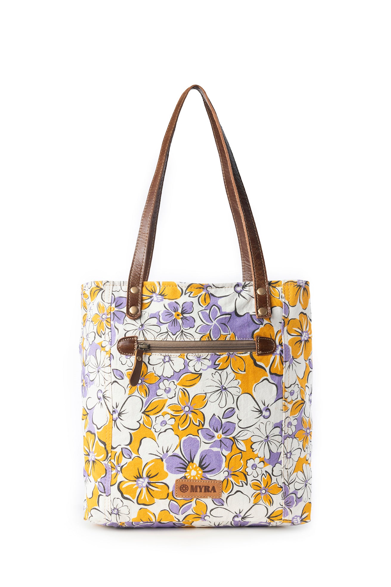 Myra Retro Bloom upcycled canvas tote Bag for Women in yellow with leather detail