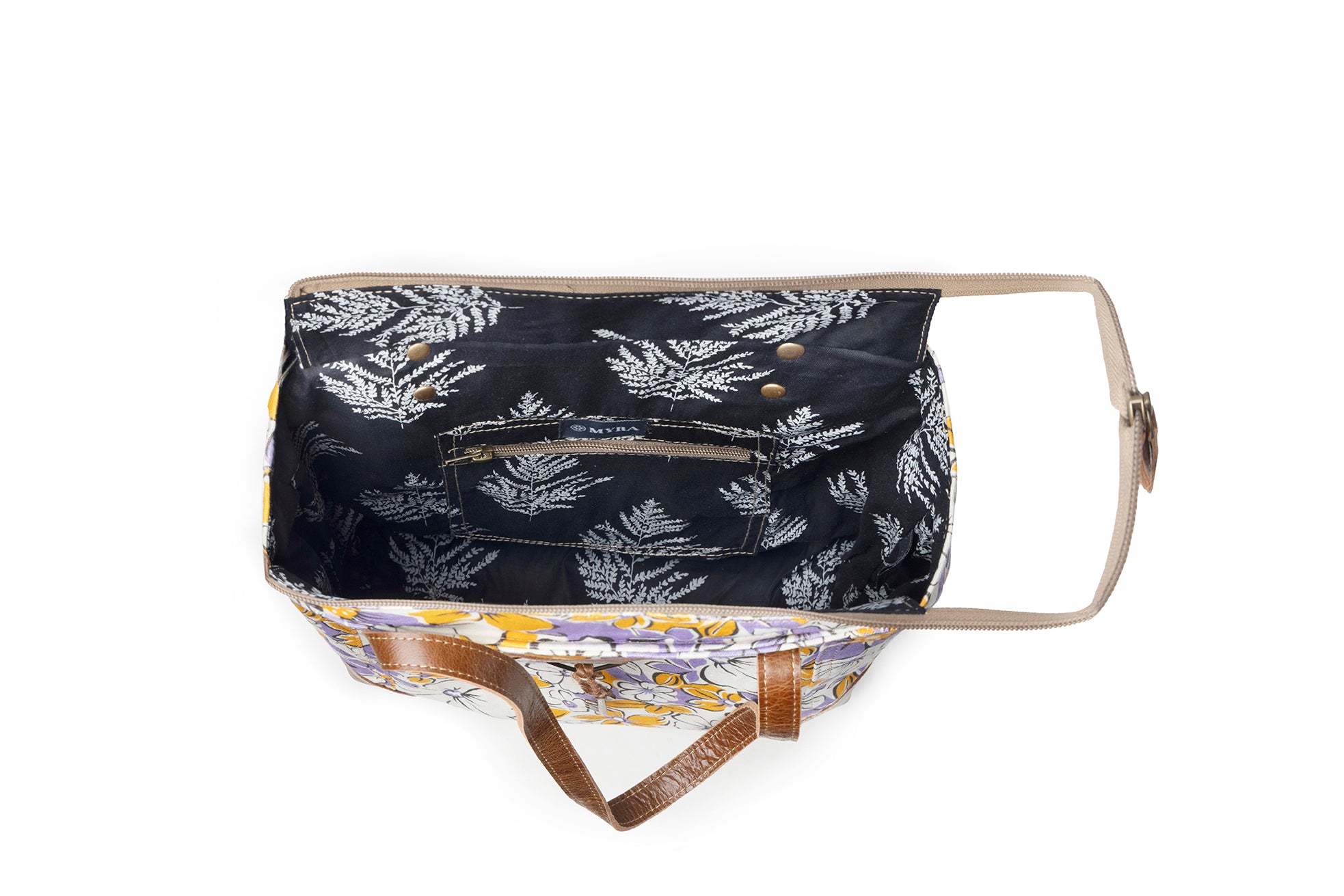 Myra Retro Bloom upcycled canvas tote Bag for Women in yellow with leather detail