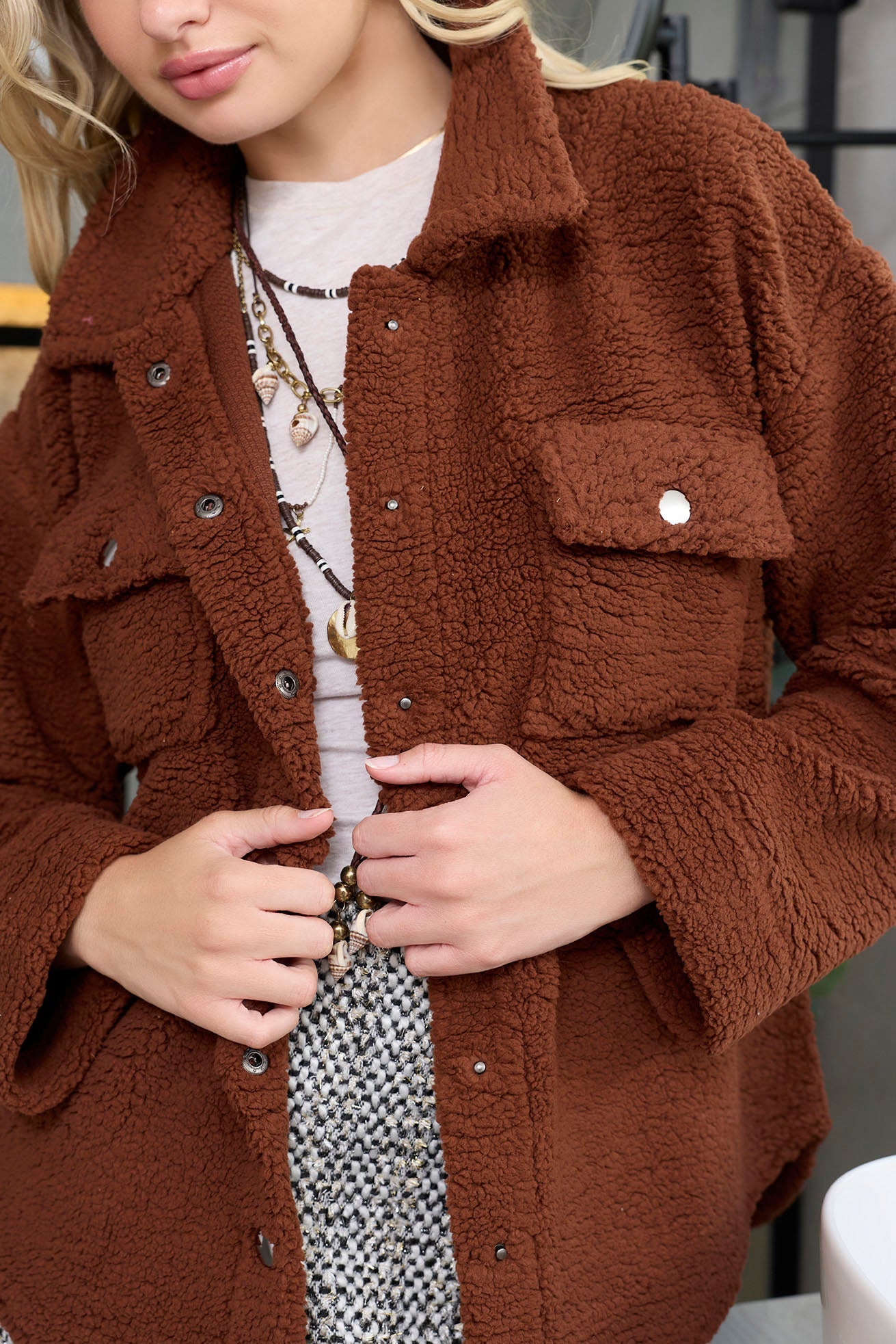 Amina Fleece Button Front Shacket Sweater - Myra USA