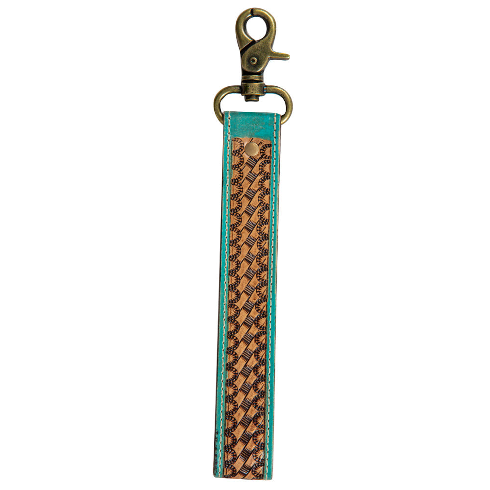 Teal Accent Hand-Tooled Strap Key Fob