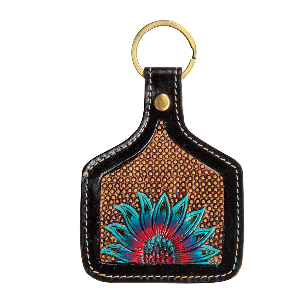 Peacock Sunflower Hand-Tooled Key Fob