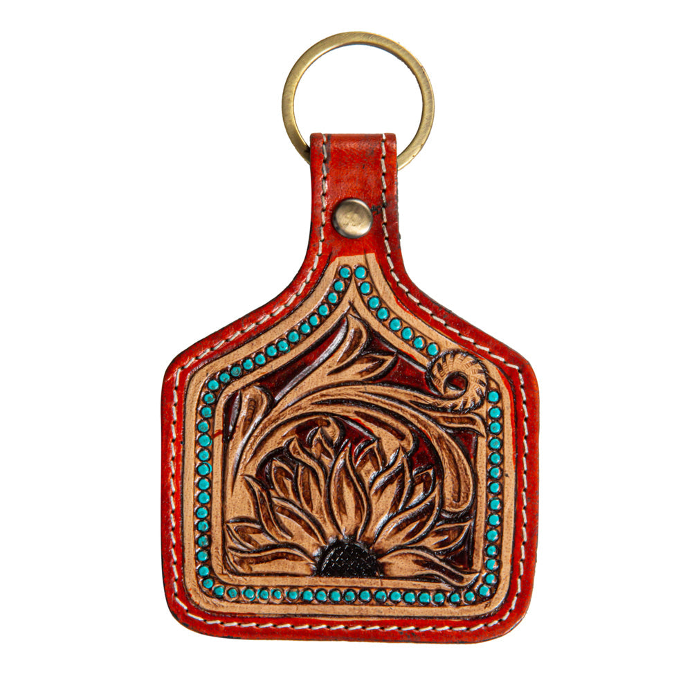 Gilded Sunflower Hand-Tooled Key Fob