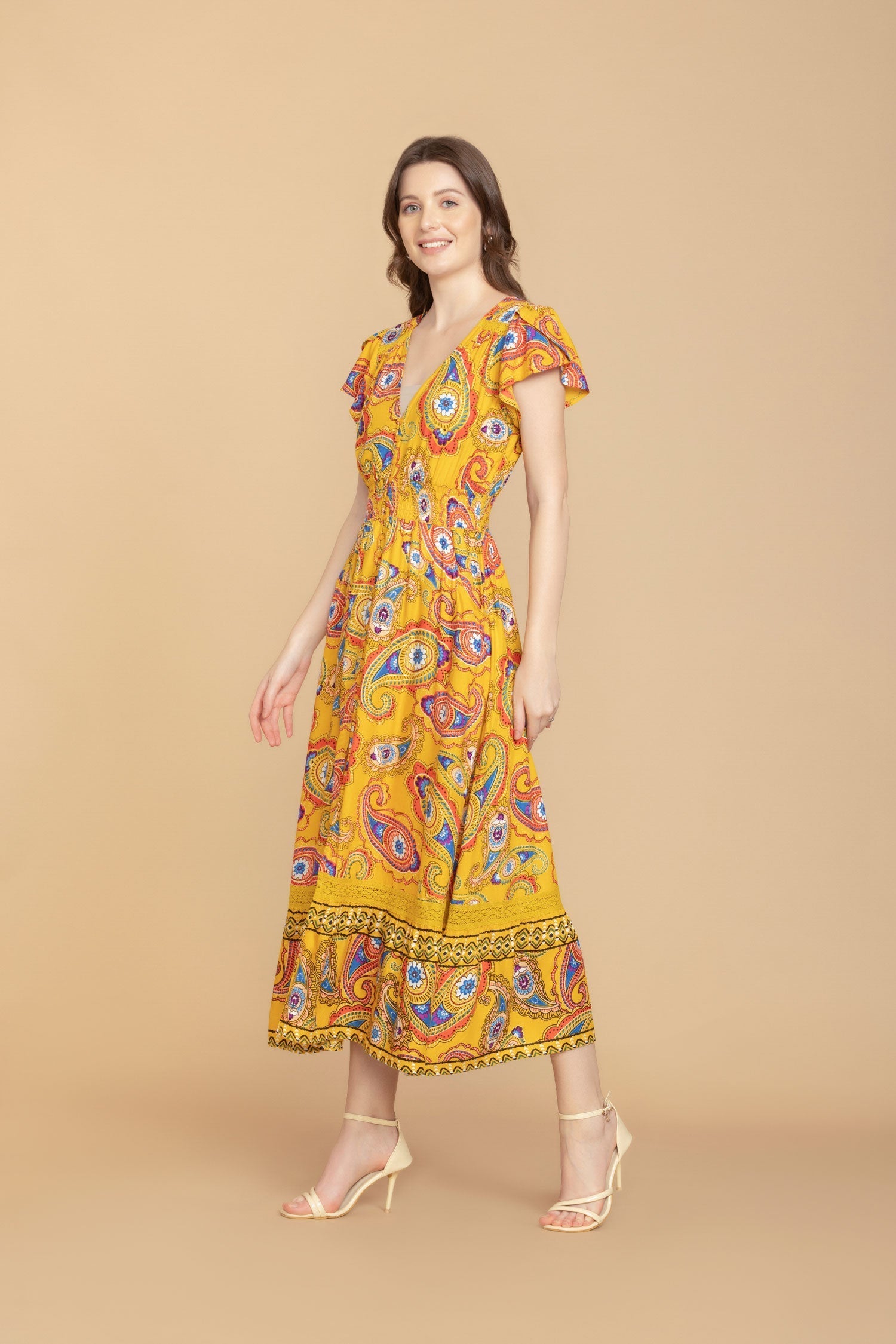 Sunrise Golden Paisley Drop Waist Dress