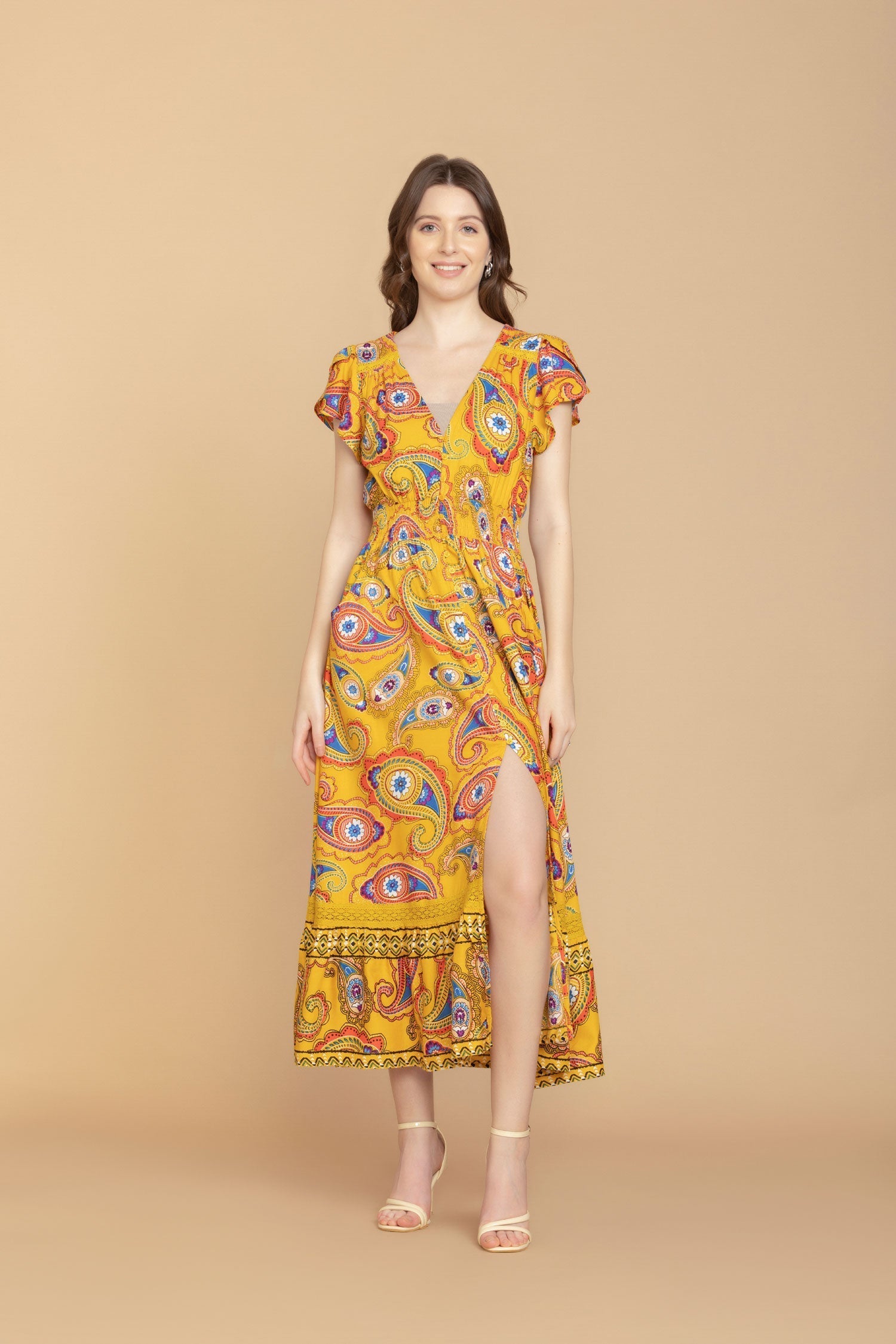 Sunrise Golden Paisley Drop Waist Dress