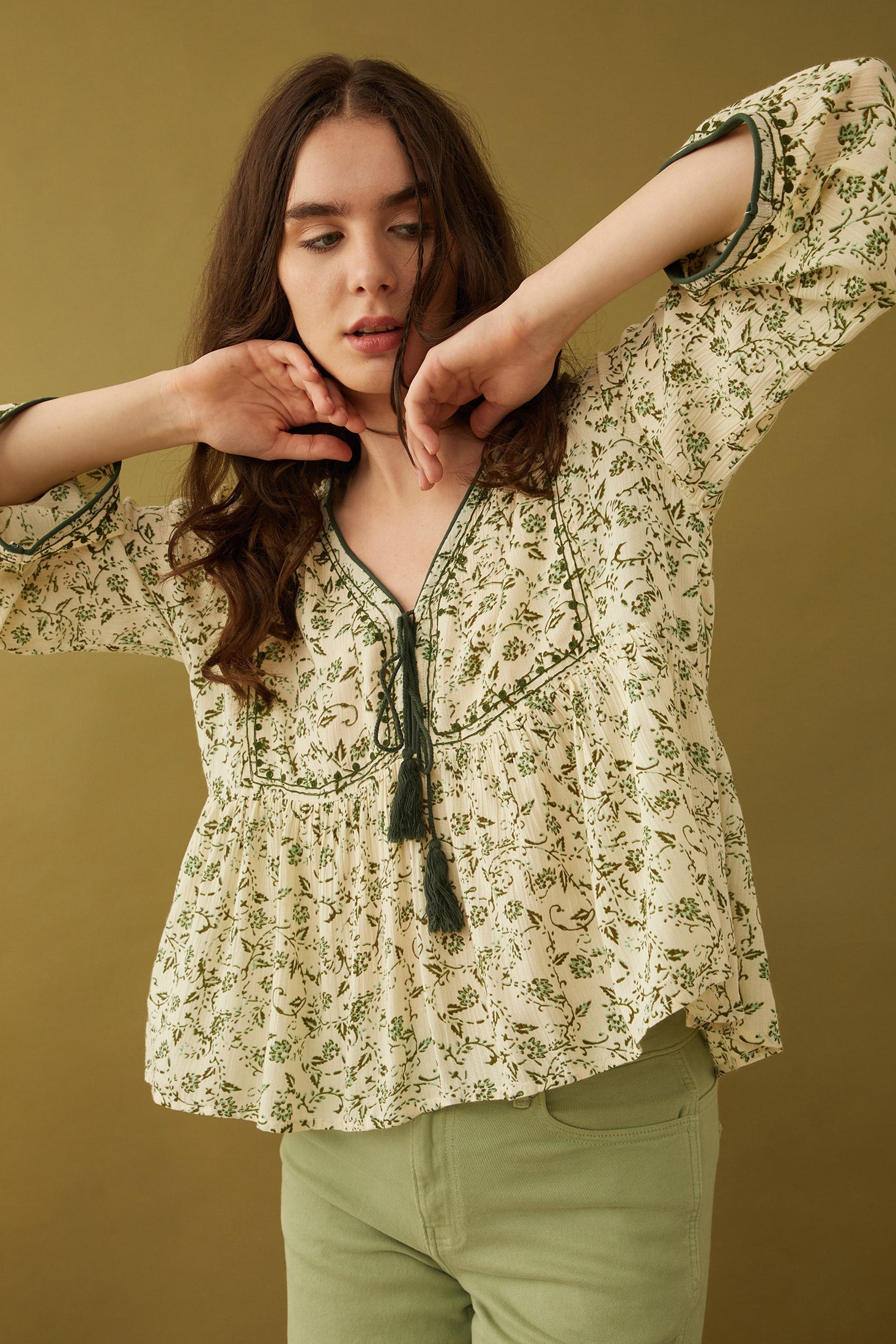 Floral Petals V-Neck Tassled Blouse